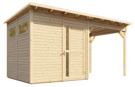 Gartenhaus Kiel 02 mit Anbaudach inkl. Fußboden, Naturbelassen - 19 mm Elementgartenhaus, Nutzfläche: 5,10 m², Flachdach