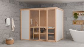 Innen-Sauna Ruhetraum 03 | 243 x 154 cm | Elementsauna | inkl. Banksystem | Glastür aus gehärtetem Sicherheitsglas | Fensterelemente mit 2-fach-Verglasung | Höhe 201 cm