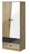 Drehtürenschrank / Kleiderschrank Sirte 01, Farbe: Eiche / Weiß / Schwarz Hochglanz - Abmessungen: 190 x 80 x 50 cm (H x B x T)