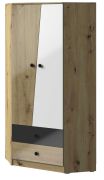 Drehtürenschrank / Eckkleiderschrank Sirte 02, Farbe: Eiche / Weiß / Schwarz Hochglanz - Abmessungen: 190 x 87 x 87 cm (H x B x T)