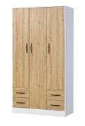 Kleiderschrank | Drehtürenschrank | 3-türig | 120 x 50 x 225 cm | Farbe: Eiche / Weiß / Schwarz | 3 Türen | 4 Schubladen | 11 Fächer | 1 Kleiderstange | Nalut 01