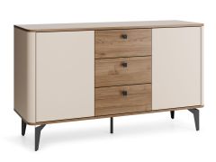Kommode | Nuss/Kaschmir | 140 x 40 x 81 cm | Metallbeine | ABS-Kanten | 2 Türen | Push-to-open System | 3 Schubladen mit Soft Close System | 4 Fächer | Belladere 04