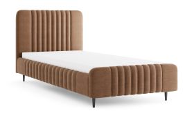 Einzelbett | Braun | Liegefläche 120 x 200 cm | Gästebett | Stoffbezug | inkl. Lattenrost | schwarze Holzbeine | Belladere 11