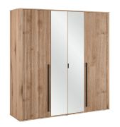Kleiderschrank mit 2 Spiegeltüren, in Eiche, 209 x 200 x 57 cm, 6 Fächer und 3 Kleiderstangen, schwarze längliche Griffe, elegantes Design