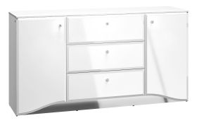 Kommode Sydfalster 02, Farbe: Weiß / Weiß Hochglanz - Abmessungen: 85 x 160 x 41 cm (H x B x T), mit 2 Türen, 3 Schubladen und 4 Fächern