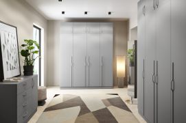 Schlafzimmer Set G Edegem| 5-teilig | Farbe: Platingrau | Kleiderschränke | Drehtürenschränke | Regale | Schrankaufsätze | Kommode | Metallgriffe
