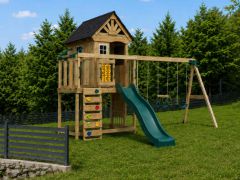 Spielturm Zauberschloss | mit Wellenrutsche, Kletterwand und 3 Schaukeln | 432 x 411 x 307 cm | Naturbelassen | Zedernholz | Fernrohr, Kreidetafel und Mini-Küchenbereich