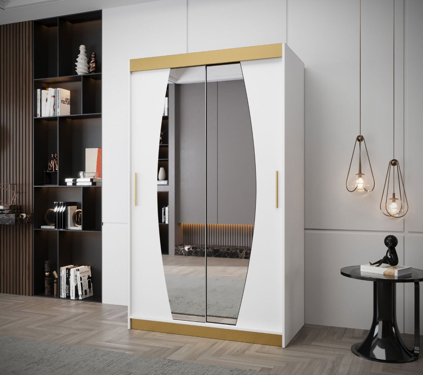 Moderner Kleiderschrank Schwarzhorn 04, Weiß Matt, 2 Kleiderstangen, Maße: 200 x 120 x 62 cm, polierter Spiegel, Griffe: Gold