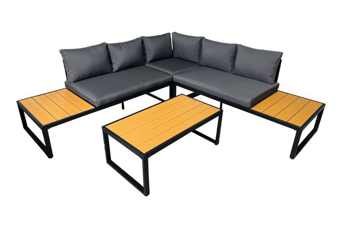 4-teilige Gartensitzgruppe Oss mit Couchtisch, Farbe: schwarz/dunkelgrau/ocker, Rahmen aus beschichtetem Stahl, mit Sitz- und Rückenkissen, Polywood