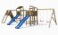 Spielturm Konrad inkl. 2 Türme, Doppelschaukel, Kletterseil, Strickleiter, Einzelschaukel, Seilbrücke, Picknick Tisch, Klettergerüst, 2 Wellenrutschen und Holzdach FSC®