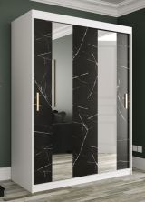 Stylischer Kleiderschrank Ätna 11, Farbe: Weiß matt / Schwarzer Marmor - Abmessungen: 200 x 150 x 62 cm (H x B x T), mit zwei Spiegel