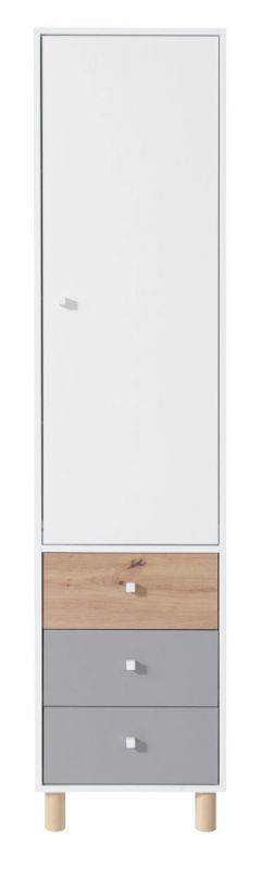 Jugendzimmer - Schrank Burdinne 04, Farbe: Weiß / Eiche / Grau - Abmessungen: 190 x 45 x 40 cm (H x B x T)