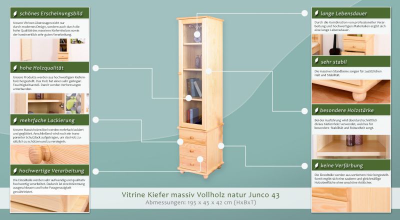 Büchervitrine, Vitrine - Kiefer Massivholz, Farbe: Natur