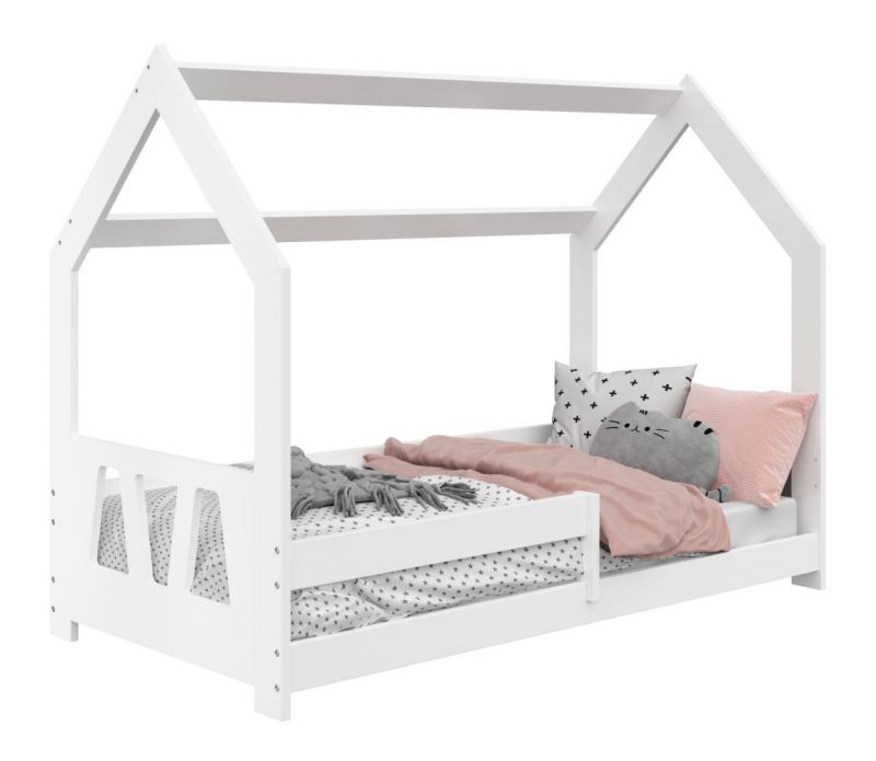 Kinderbett / Hausbett Kiefer Vollholz massiv weiß lackiert D5A, inkl. Lattenrost - Liegefläche: 80 x 160 cm (B x L)