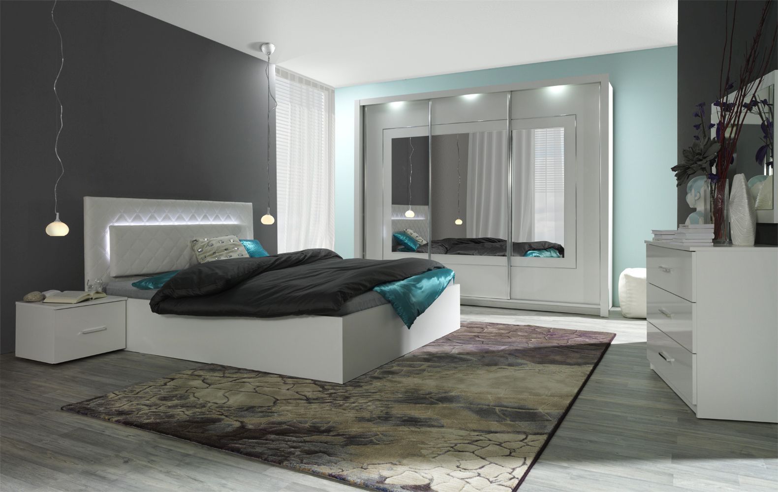 Schlafzimmer Komplett - Set A Psara, 14-teilig, Farbe: Weiß Hochglanz /  Alpinweiß