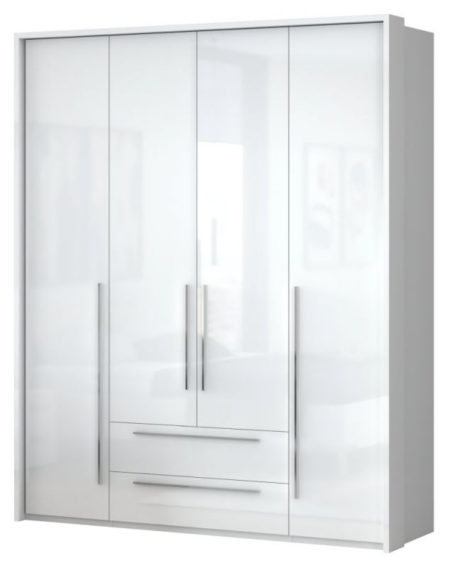 Drehtürenschrank / Kleiderschrank mit LED-Rahmen Siumu 29, Farbe: Weiß / Weiß Hochglanz - 226 x 187 x 60 cm (H x B x T)