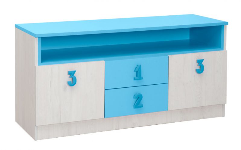 Kinderzimmer - Kommode Luis 05, Farbe: Eiche Weiß / Blau - 60 x 120 x 42 cm (H x B x T)
