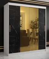 Kleiderschrank mit genügend Stauraum Hochfeiler 37, Farbe: Weiß / Schwarzer Marmor - Abmessungen: 200 x 180 x 62 cm (H x B x T), mit 10 Fächern und zwei Spiegel