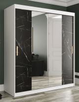 Moderner Kleiderschrank Ätna 63, Farbe: Weiß matt / Schwarzer Marmor - Abmessungen: 200 x 180 x 62 cm (H x B x T), mit 10 Fächern und großen Spiegel