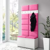 Garderobe 01 mit Pinken Polsterpaneele für Sitzbank und Wand, Schuhschrank für 8 Paar Schuhe, Weiß/Pink, 215 x 100 x 40 cm, 6 Kleiderhaken, 4 Fächer
