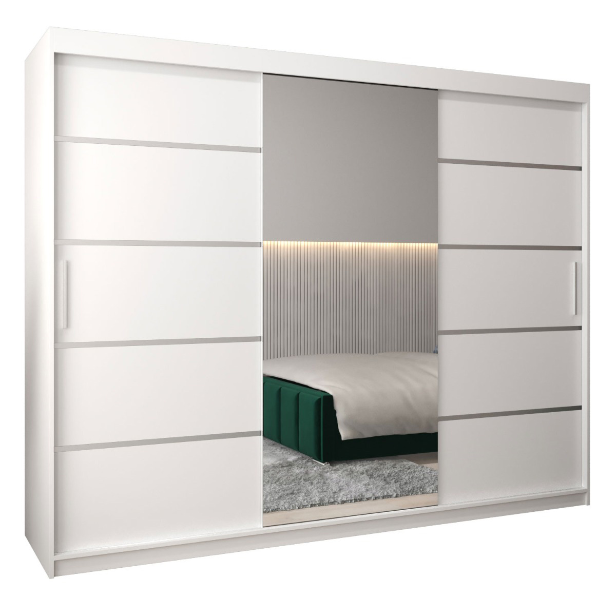 250 cm breiter Schiebetürenschrank mit 3 Türen | 10 Fächer | 2 Kleiderstangen | Farbe: Weiß