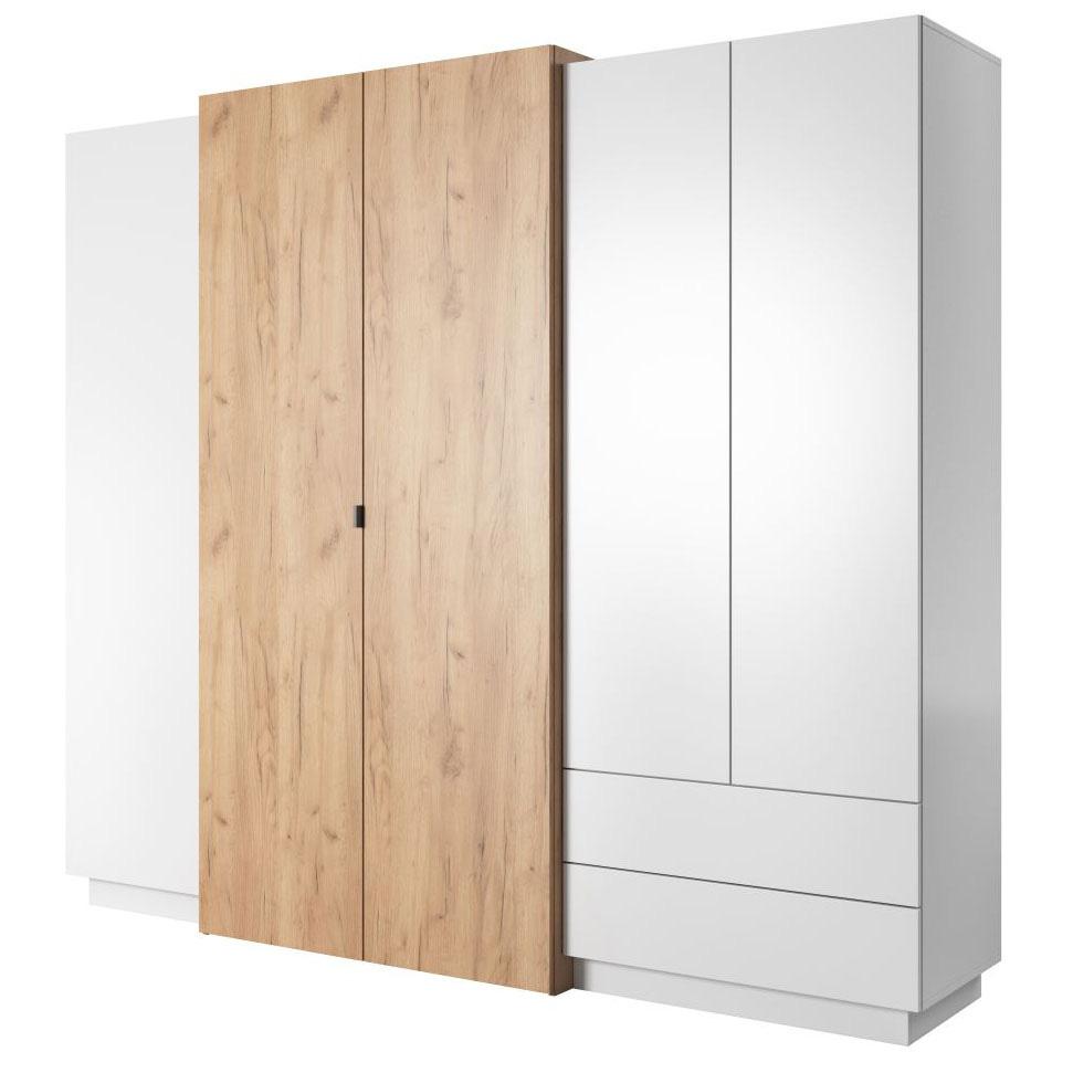 230 cm breiter Kleiderschrank mit 5 Türen, 8 Fächern und 2 Schubladen | Farbe: Eiche / Weiß | Tiefe: 52 cm