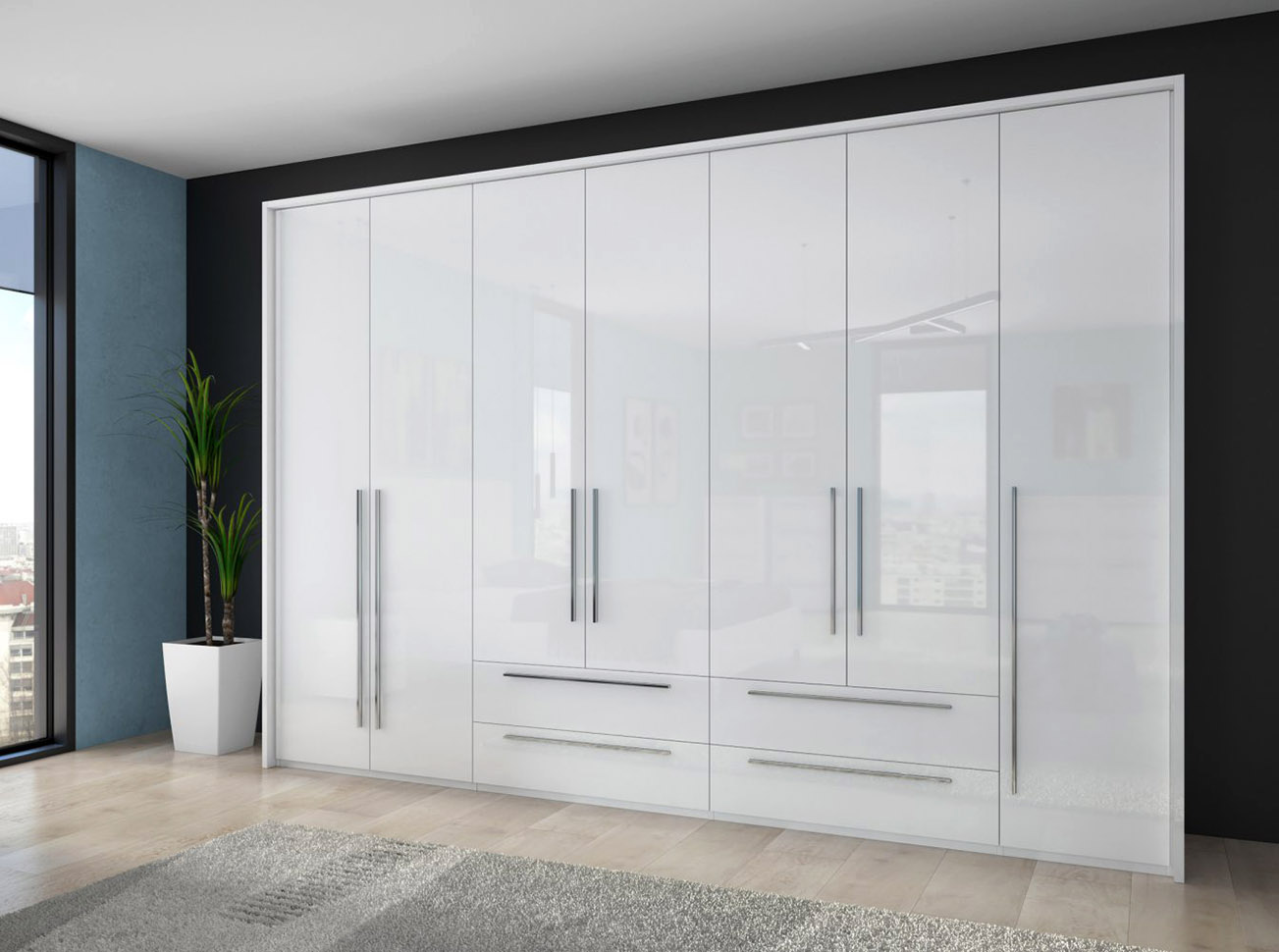 Großer Kleiderschrank | 7 Drehtüren | 4 Schubladen | 8 Fächer | mit 4 Kleiderstangen | 322 cm breit | Farbe: Weiß
