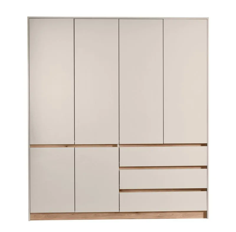 Drehtürenschrank / Kleiderschrank | 183,5 x 52 x 205 cm | 3 Schubladen | 5 Fächer | 1 Kleiderstange | Kaschmir / Eiche Artisan | 6 Türen