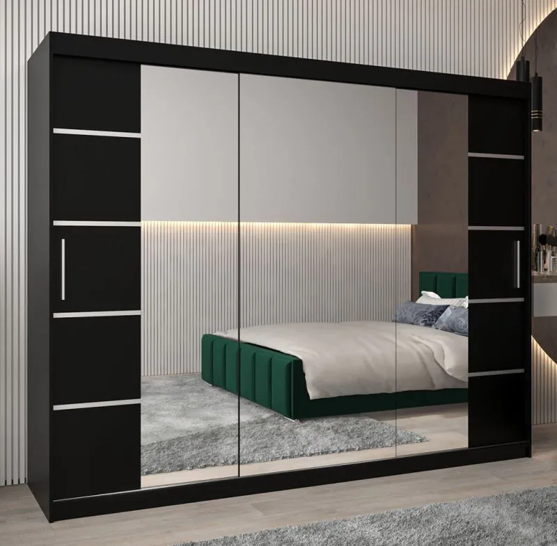 250 cm breiter Kleiderschrank mit 3 Türen | 10 Fächer | Farbe: Schwarz Abbildung
