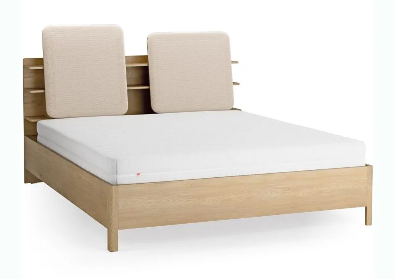 Doppelbett | Farbe: Eiche / Beige | gepolsterte Kopfstütze | vier offene Regale | Behälter hinter Rückenlehne | 180 x 200 cm | inkl. Lattenrost