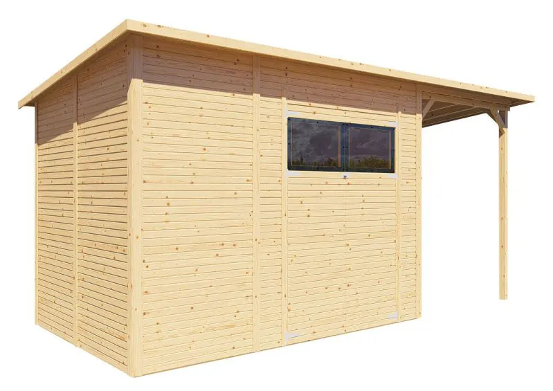 Gartenhaus mit Anbaudach, Natur, Elementgartenhaus, Grundfläche: 9,49 m², Pultdach, Doppeltür aus Massivholz