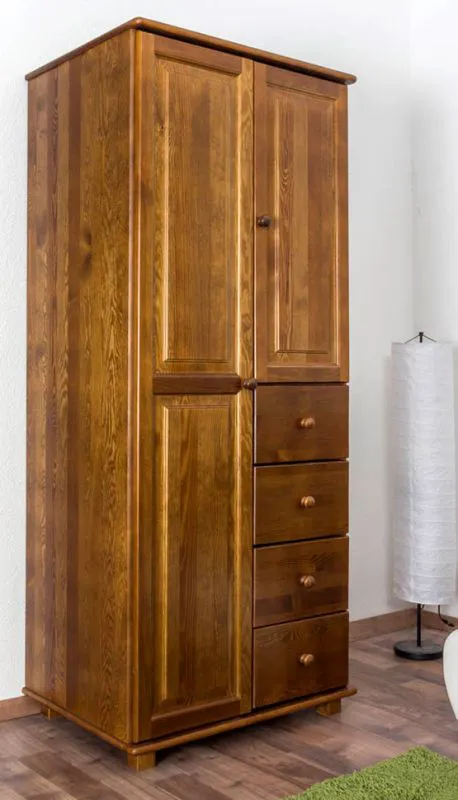 Schmaler Kleiderschrank | 1 Drehtür | 4 Schubladen | 80 cm breit | Massivholz | Farbe: Eiche Abbildung