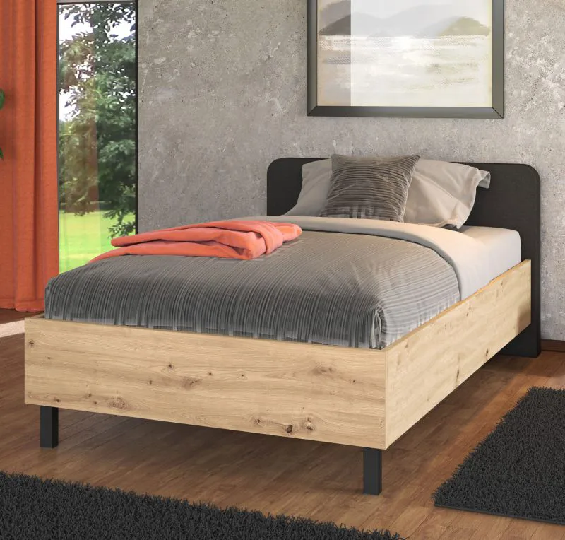 Modernes Einzelbett mit gepolsterten Kopfteil Dobasan 01, Farbe: Eiche Artisan / Grau, ABS-Kanten, Beine: Metall, Liegefläche: 120 x 200 cm