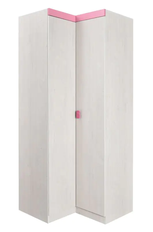 Kinderzimmer - Drehtürenschrank / Eckkleiderschrank Luis 22, Farbe: Eiche Weiß / Rosa - 218 x 91/93 x 52 cm (H x B x T)