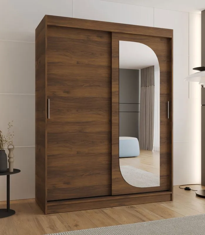 Kleiderschrank | Farbe: Walnuss | 1,5 Meter breit | fünf Fächer | zwei Kleiderstangen | für Schlafzimmer | 1 Spiegeltür | Schiebetürenschrank