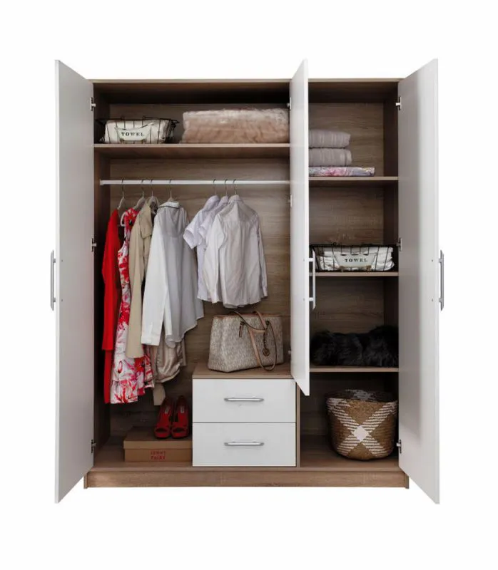 150 cm breiter Kleiderschrank mit 3 Türen, 6 Fächern und 2 Schubladen | Farbe: Weiß | Tiefe: 56 cm Abbildung