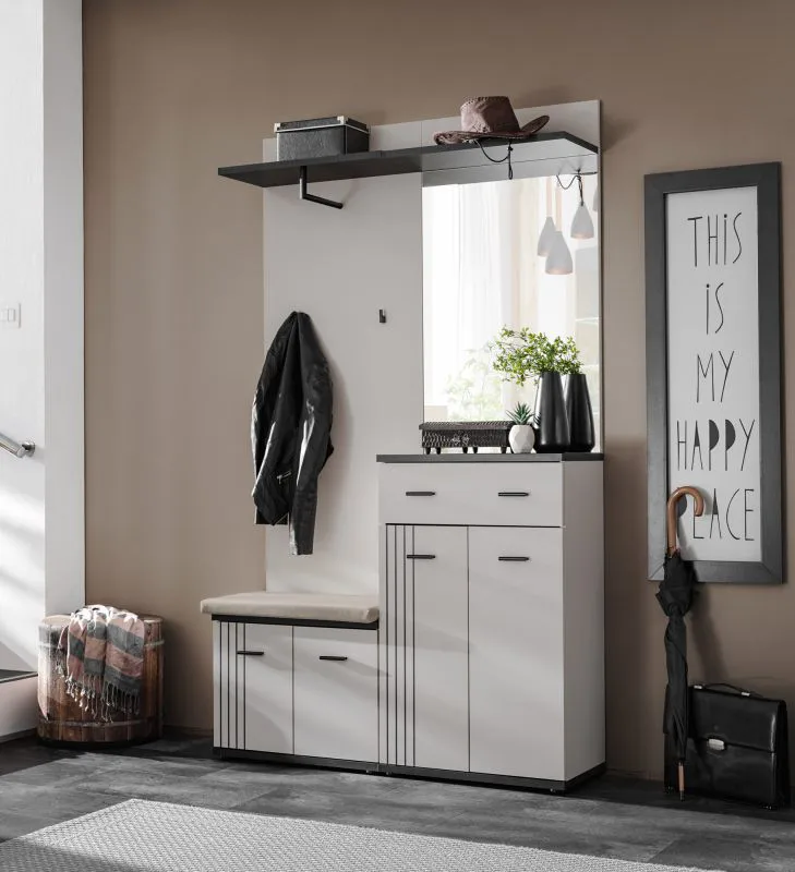Garderobe mit Spiegel | inkl. Sitzkissen | Farbe: Kaschmir / Schwarz | Sitzgelegenheit | 1 Ablagefläche | Maße: 120 x 32 x 203 cm | 2 Haken