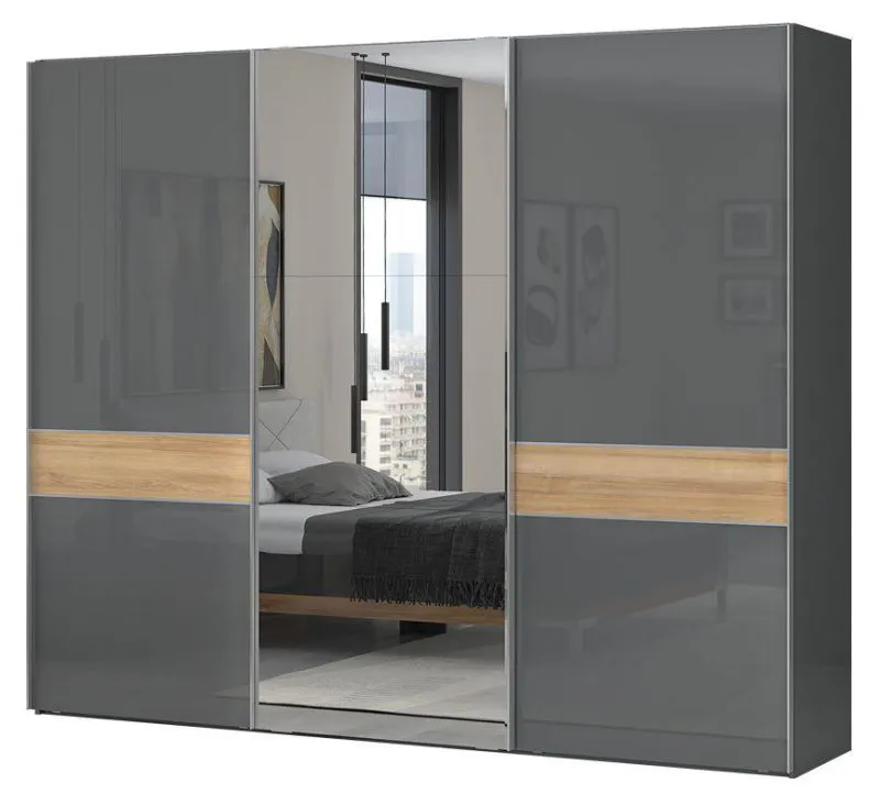 Kleiderschrank mit Spiegel, Farbe: Anthrazit Hochglanz / Walnuss - 224 x 272 x 61 cm (H x B x T) Abbildung