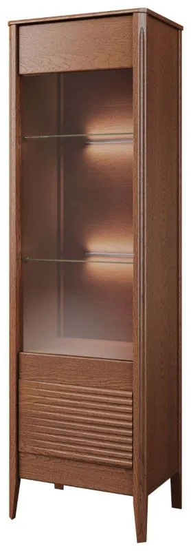Elegante Vitrine Gorica 03, Türanschlag links, in Eiche Rustikal, mit LED-Beleuchtung und Soft Close System, 201 x 60 x 45 cm, teilmassiv, Antisol-Glas Bronze