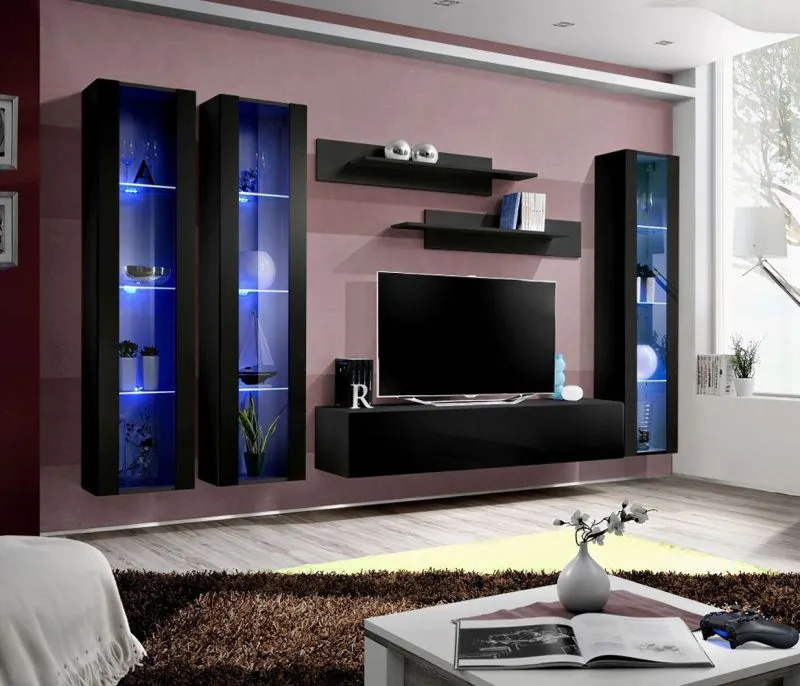 Elegante Wohnwand Hompland 28, Farbe: Schwarz - Abmessungen: 170 x 260 x 40 cm (H x B x T), mit blauer LED-Beleuchtung