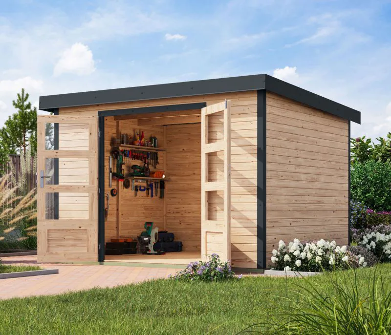 Gartenhaus mit Pultdach, nordische Fichte naturbelassen/anthrazit, stahlverstärkte Ecken, Trapezblechdach, robust, Zylinderschloss, 2,98x2,42 m