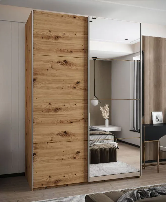Kleiderschrank / Schiebetürenschrank | 245,5 x 170 x 64 cm | 11 Fächer | 2 Kleiderstangen | 2 Schiebetüren | Soft-Close | Spiegel | Farbe: Eiche Artisan
