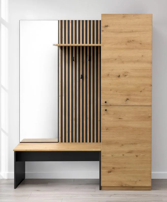 Garderobe Komplett - Set Miavorla 1 | Farbe: Eiche Artisan/ Schwarz | Sitzbank | großer Spiegel | 150 x 40 x 198,5 cm | Schrank mit 4 Fächern