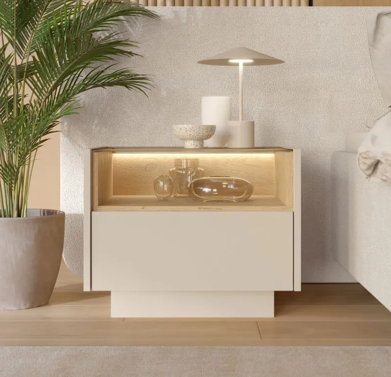 Nachtkommode | Farbe: Beige / Eiche Cremona | 1 Schublade | inkl. LED-Beleuchtung | 1 Fach | 53 x 40 x 43 cm | Push-to-open Funktion | Nachttisch | für Schlafzimmer