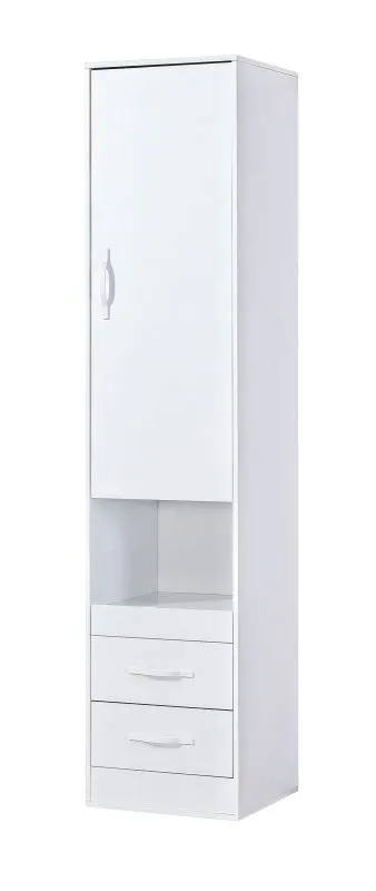 Schrank | Farbe: Weiß | 50 x 50 x 225 cm | Metallgriffe | 1 Tür | 2 Schubladen | 4 Einlegeböden | 5 Fächer | Nalut 02