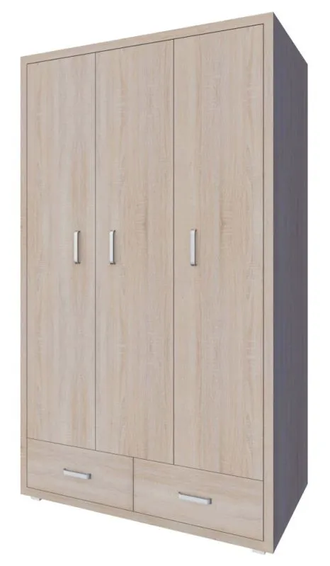 Kleiderschrank | 3 Drehtüren | 2 Schublade | 4 Fächer | mit Kleiderstange | 120 cm breit | Farbe: Sonoma Eiche Abbildung