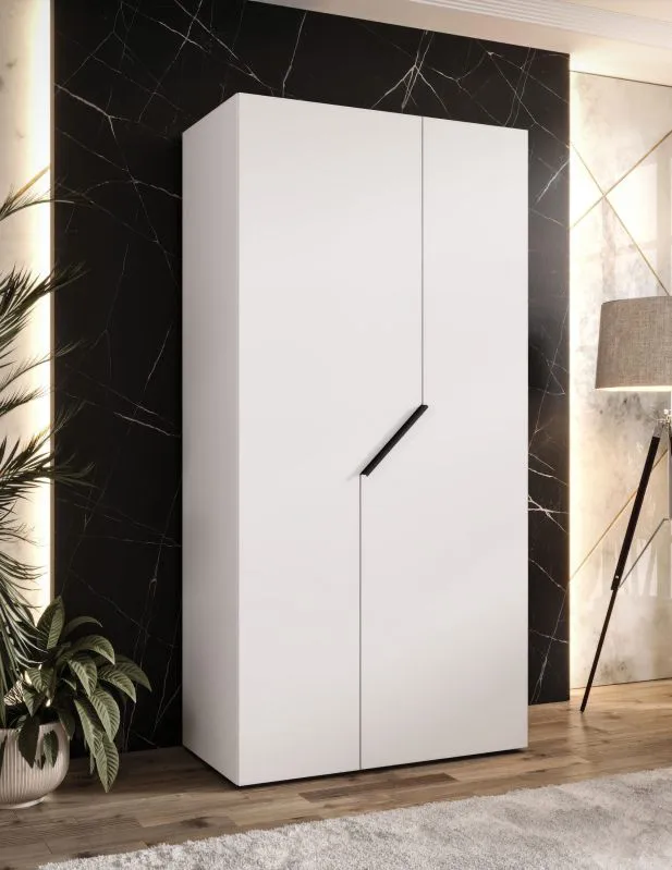 Kleiderschrank / Drehtürenschrank | Farbe: Weiß | 1 Meter breit | 1 Fach | 1 Kleiderstange | Griffe: Schwarz | Maße: 100 x 52 x 202 cm | Soft-Close-Funktion | ABS