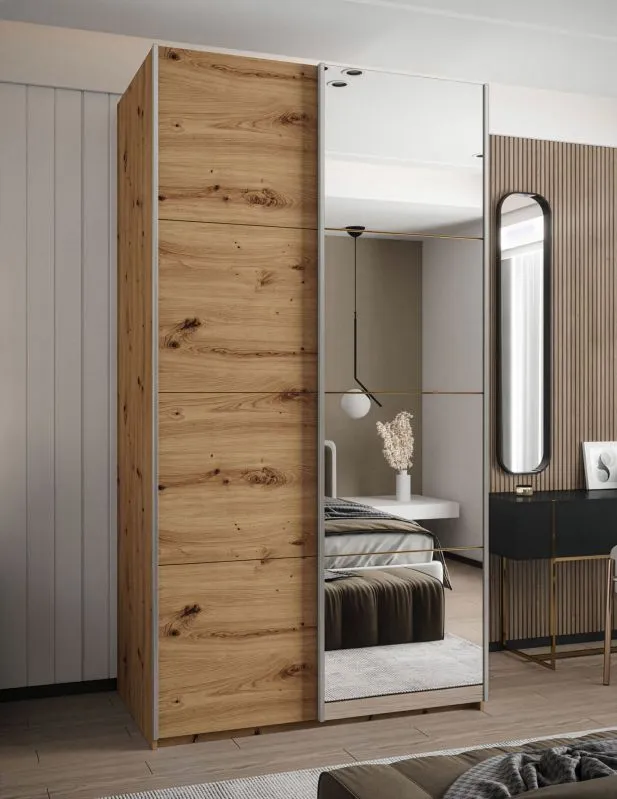 Kleiderschrank / Schiebetürenschrank | 245,5 x 130 x 64 cm | 6 Fächer | 2 Schiebetüren | Soft-Close | 2 Kleiderstangen | Farbe: Eiche Artisan | Spiegel