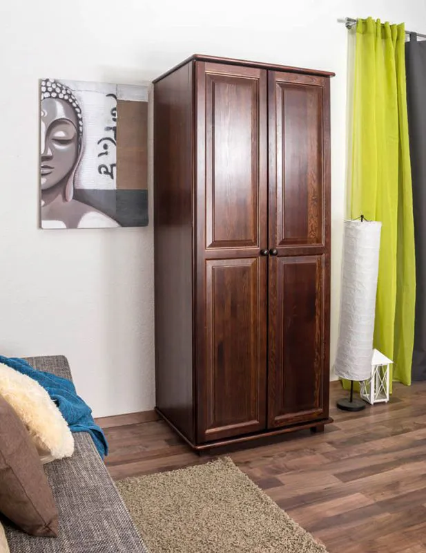 Kleiderschrank | 2 Drehtüren | 1 Fach | mit Kleiderstange | 80 cm breit | Massivholz | Farbe: Nuss Abbildung