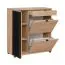 Garderobe Komplett - Set G Angvik, 5-teilig, Farbe: Eiche / Schwarz, zwei Schuhschränke, ein Garderobenschrank, ein Spiegel mit zwei Ablageflächen, vier Haken